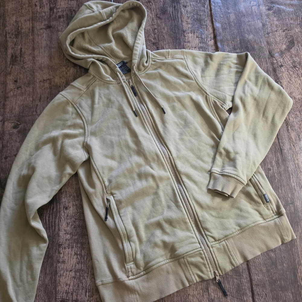 5.11 Tactical Full Zip Hoodie Mens Medium Khaki Tan Fleece Ribbed Side‎ Panels